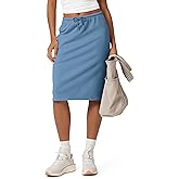 ODODOS Women's Back Split Knee Length Skirt - Cotton French Terry Drawstring Tie High Waist Casual Skirts with Pockets