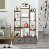 COSTWAY 12-Tier Tree Bookshelf Rustic Brown Wooden Bookcase with Folding Drawer view 8