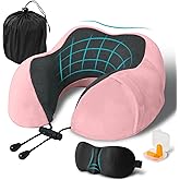 Travel Pillow, Memory Foam Neck Pillow for Traveling, U Shape Neck Pillow Airplane Portable Flight Pillow Travel Kit with 4D Contoured Eye Masks and Earplug for Plane Train Car Home Office - Pink