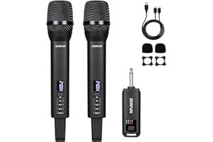 ZERFUN Rechargeable Wireless Microphones Dual, Pro Handheld Cordless Mics System Dynamic with Echo Treble BASS VOL Control for Karaoke Singing Church Party, 1/4'' Output, D240, Black