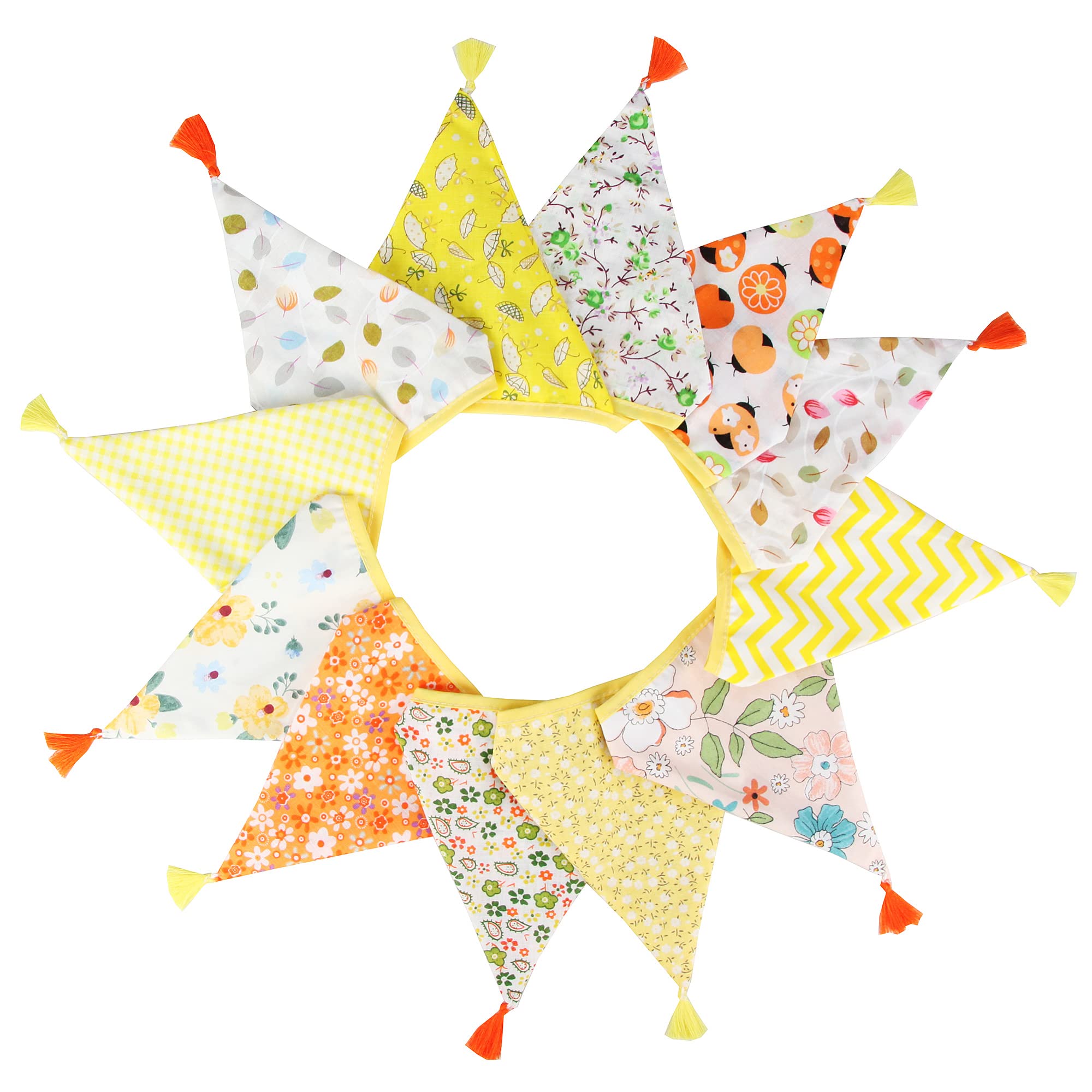 G2PLUS Fabric Bunting Banner with Tassel, 3.3M Double Sided Cotton Tassel Banner with 12 Yellow Triangle Pennants, Vintage Cloth Garlands for Nursery Bedroom Playhouse Decoration