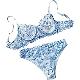 Falainetee Women's Floral Underwire Lingeries Exotic Set Sheer Mesh Embroidered Lingerie Set