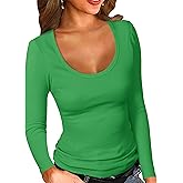 PALINDA Women's Ribbed Scoop Neck Slim Fitted T Shirts Basic Solid Long Sleeve Layering Tee Tops