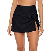 ALove Womens High Waisted Split Swim Skirt Sporty Drawstring Skirted Swim Bottom with Built-in Panty
