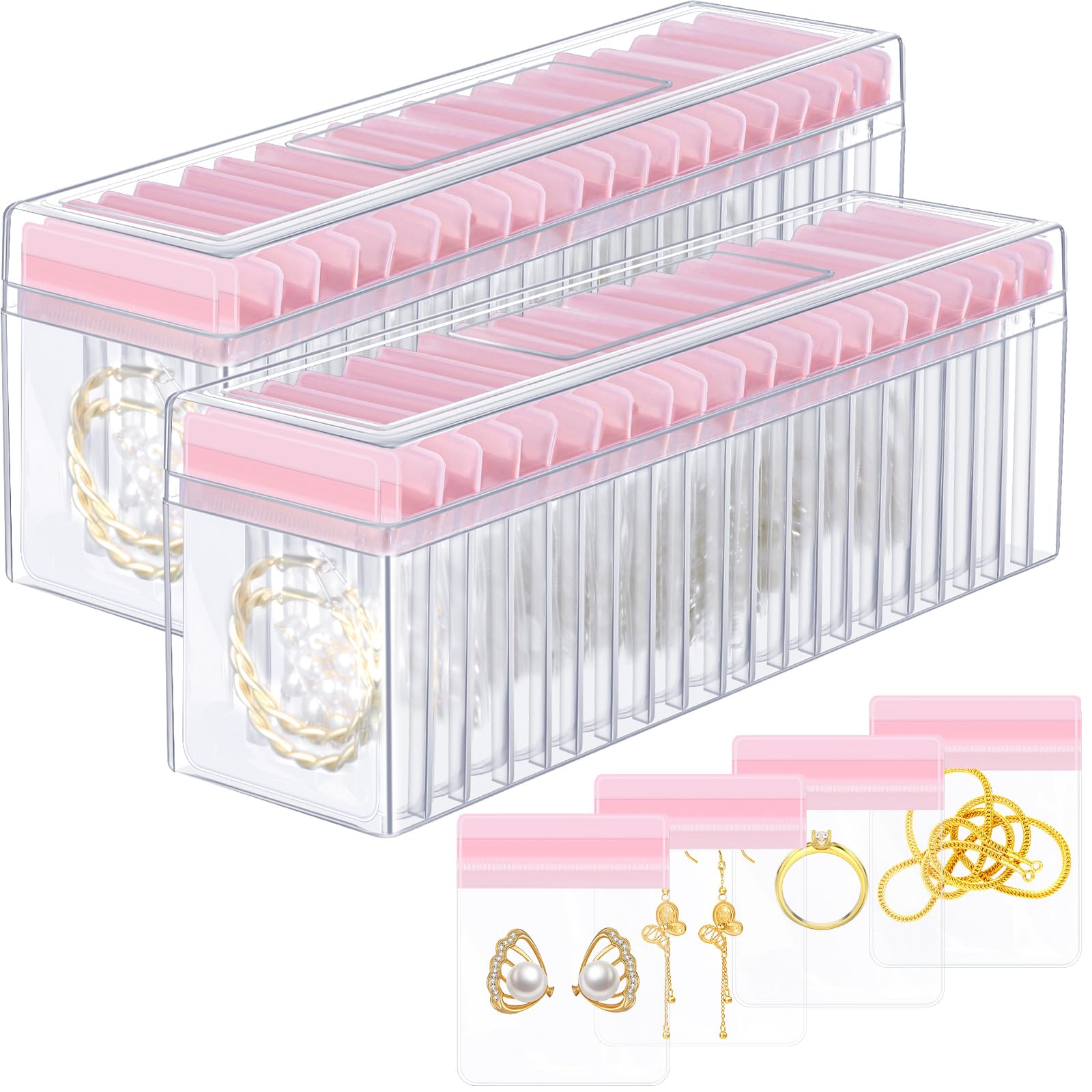Photo 1 of Kenning 42 Pcs Acrylic Jewelry Case Organizer, Clear Jewelry Organizers Holder with Portable Anti Tarnish Storage Bags for Rings, Earrings, Necklaces, Ideal Gifts for Women (Pink)