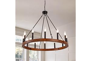 YPMS 32 Inch Wagon Wheel Chandelier with Wood Grain Finish, 12-Light Rustic Farmhouse Ceiling Light Fixture, Adjustable Heigh