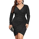 ZOMVA Plus Size 0X-4X Sparkly Glitter Ruched Bodycon Mini Dress Sparkle Sequin Wrap Ruffle Sleeve Dress Cocktail Party Formal