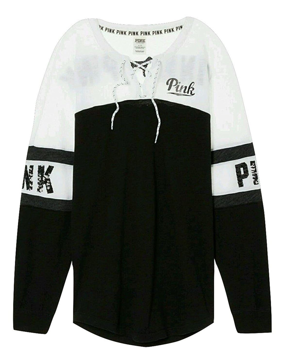 Medium Victorias Secret Pink NEW Oversize Lace Up Bling Varsity Crew Color Black//White