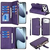 Jaorty Wallet Case Compatible with iPhone 17 Pro Max with Wrist Strap,2025 Release Purse for Women Men,[9 Card Slots] Card Holder Zipper Cash Pocket Magnetic Leather Cover,6.9 inch Purple