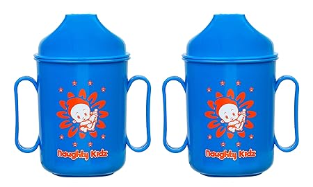 NAUGHTY KIDZ Premium Sipper for Baby with SPOUT and Twin Handle||Easy to Hold with Key TEETHER for Baby to Play (Blue+Blue)