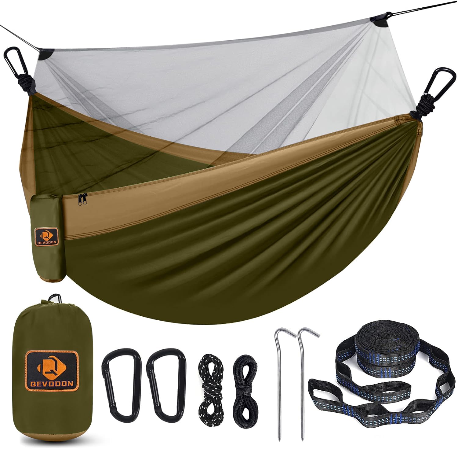 Qevooon Camping Hammock with Net,Portable Lightweight Double Hammocks with Tree Straps and Solid D-Shape Carabiners,Parachute Nylon Hammock for Backpacking Beach Backyard Patio Hiking Green&Khaki Image Qevooon Camping Hammock with Net,Portable Lightweight Double Hammocks with Tree Straps and Solid D-Shape Carabiners,Parachute Nylon Hammock for Backpacking Beach Backyard Patio Hiking Green&Khaki Image