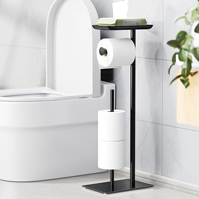 niffgaff Black Toilet Paper Holder Stand with Top Storage Shelf 4 Reserve Rolls