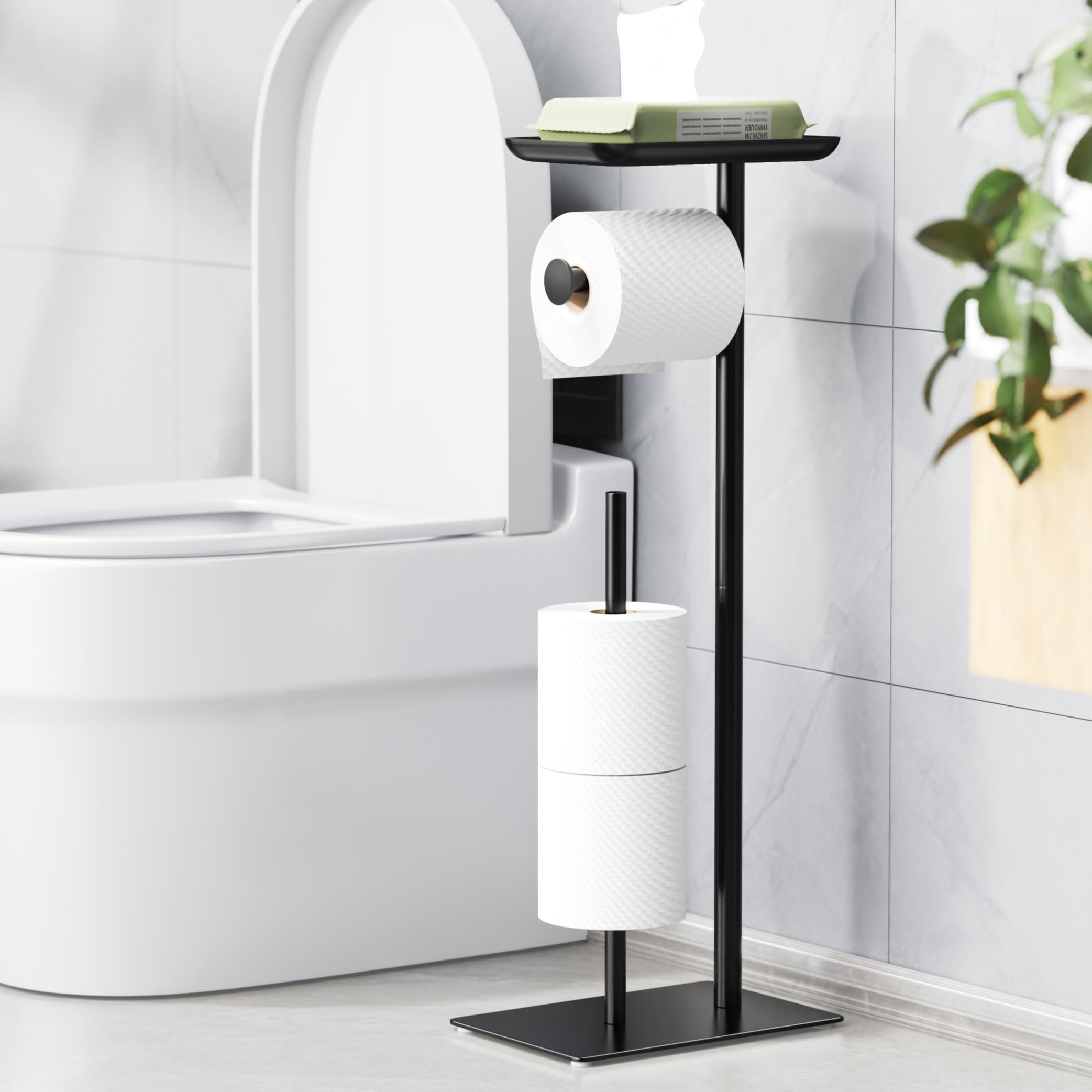 Black Toilet Paper Holder Stand with Top Storage Shelf, Free Standing Floor Dispenser for 4 Reserve Rolls