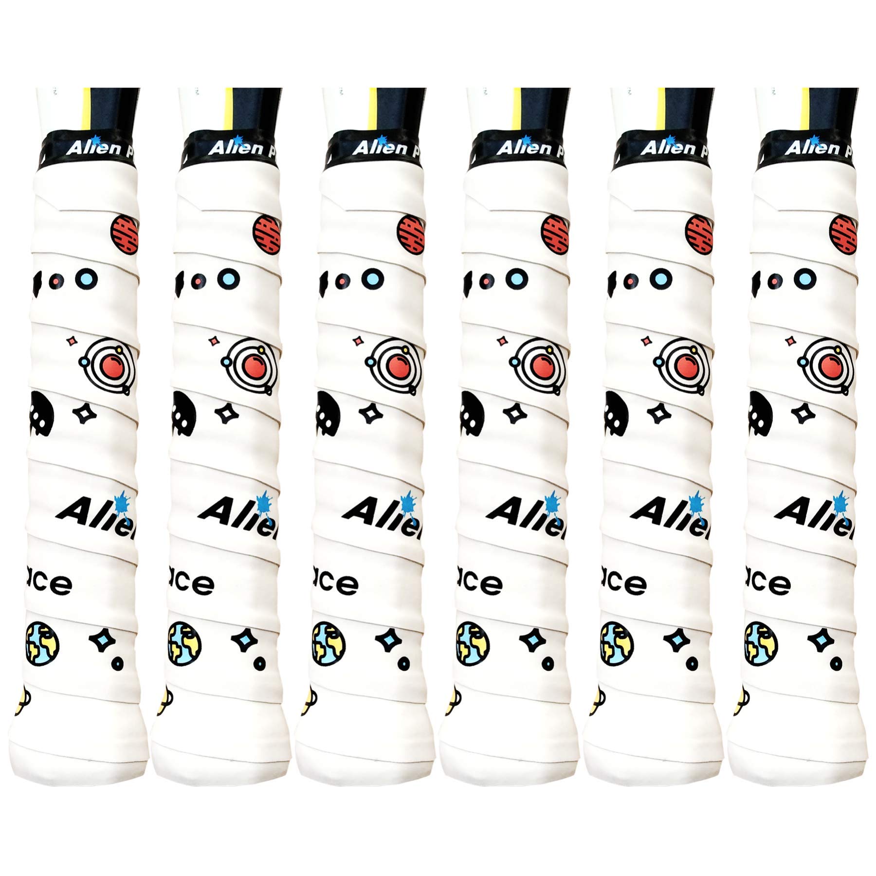 Alien Pros Tennis Racket Grip Tape (6 Grips) – Precut and Dry Feel Tennis Grip – Designer Tennis Overgrip Grip Tape Tennis Racket – Wrap Your Racquet for High Performance (6 Grips, White Space)