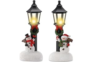 GlikCeil 2 Pcs Christmas Lighted Table Decor 10" Resin Figurine Table Centerpiece with Light up Streetlights Battery Operated Xmas Mini Street Statue Glow for Home Fireplace Shelf(Snowman)