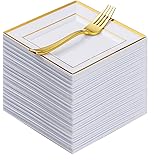 Goodluck 120PCS 6.5" Square Gold Dessert Plastic Plates with 7.4" Forks, Gold Appetizer Plates for 60 Guests, Including 60 Disposable Cake Plastic Plates and 60 Forks for Wedding/Birthday Party