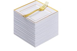 Goodluck 120 Pieces Gold Square Plastic Plates with Forks, Gold Dessert Plates for 60 Guests, Heavy Duty Disposable Plates fo