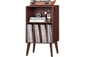 Lerliuo Record Player Stand, Walnut Turntable Stand Holds up to 160 Albums, Mid-Century Vinyl Storage Cabinet Table with Solid Wood Legs, Record Player Holder Dispaly Shelf for Bedroom Living Room