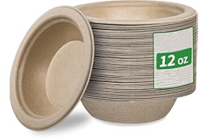 Aricsen Compostable 12 Ounce 50 Pack Disposable Round Paper Bowls, PFAS-Free, Eco-Friendly, Biodegradable Bagasse For Hot Soup Food Salad Dinner Party, Unbleached Natural Light Brown (50, 12 OZ)
