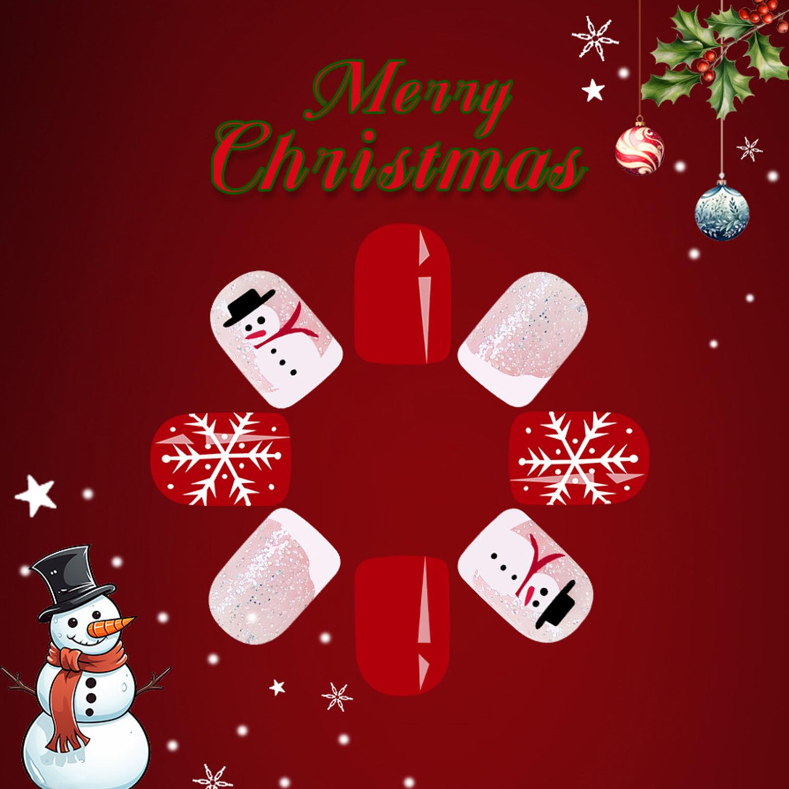 Christmas Press on Short Fake Nails With Snowman Snowflake Designs - White French Tip Glue on Xmas Glitter Sequins False Nails - Cute Acrylic Stick on for Women 24 Pcs - Image 3