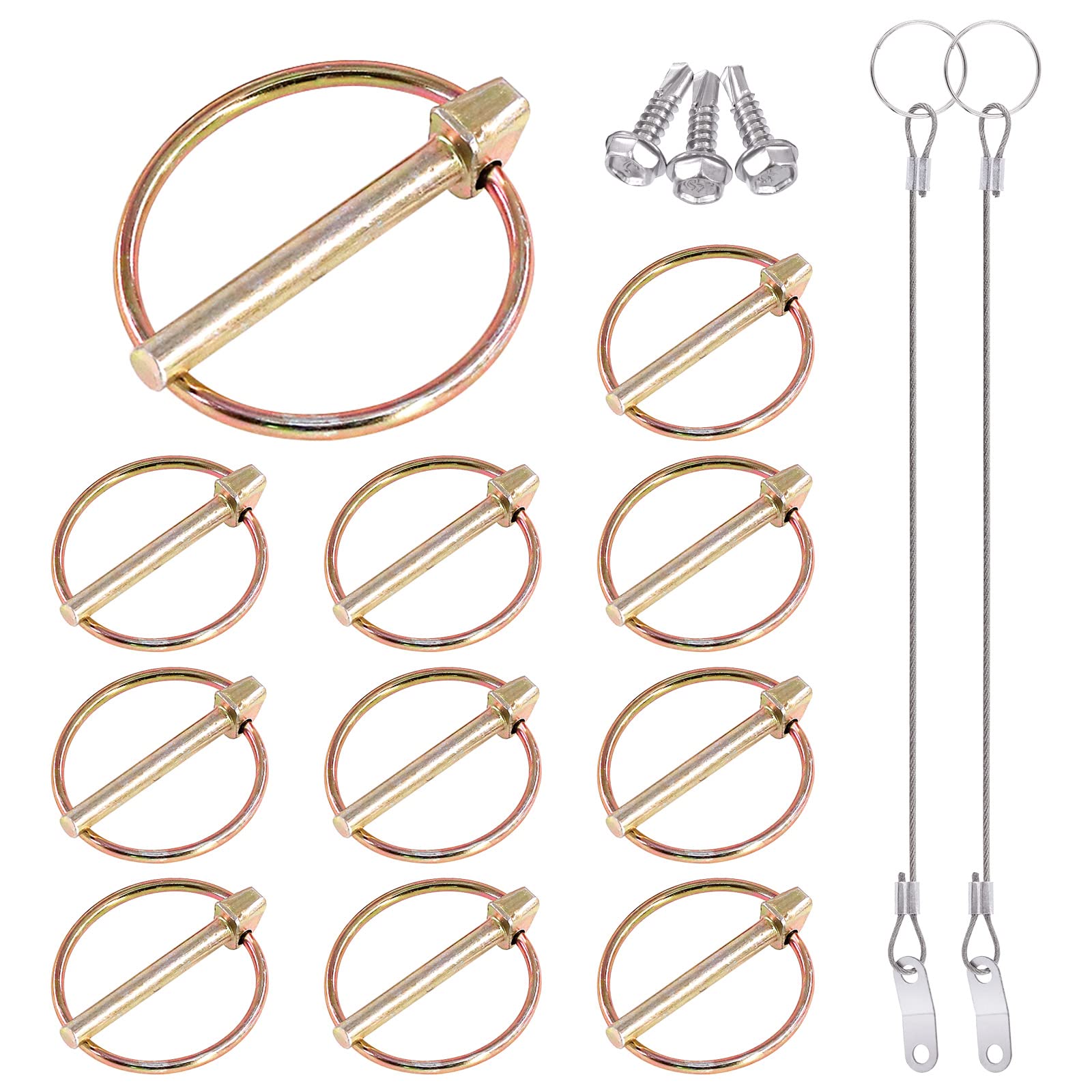 Glarks 15Pcs 3/16" x 1-7/16" Lynch Pin with Lanyard Cable Set 10Pcs Lynch Pin Lock Pin Clips and 2Pcs 304 Stainless Steel Lanyard Cable with Quick Release Ring for Farm Tractors Trailers Trucks Mowers