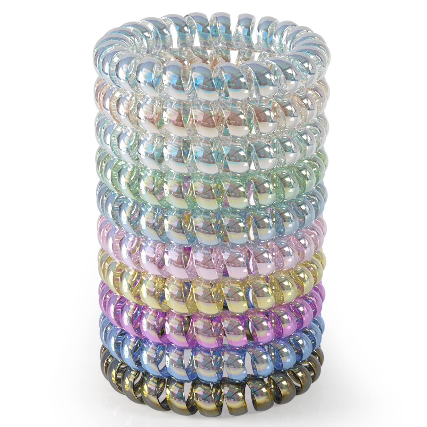 JessLab Spiral Hair Ties, 10 Pcs Traceless Phone Cord Bracelet Plastic Coil Ponytail Holders No-Damage Accessory for Girls Women Ladies, Color Assorted, Set 12