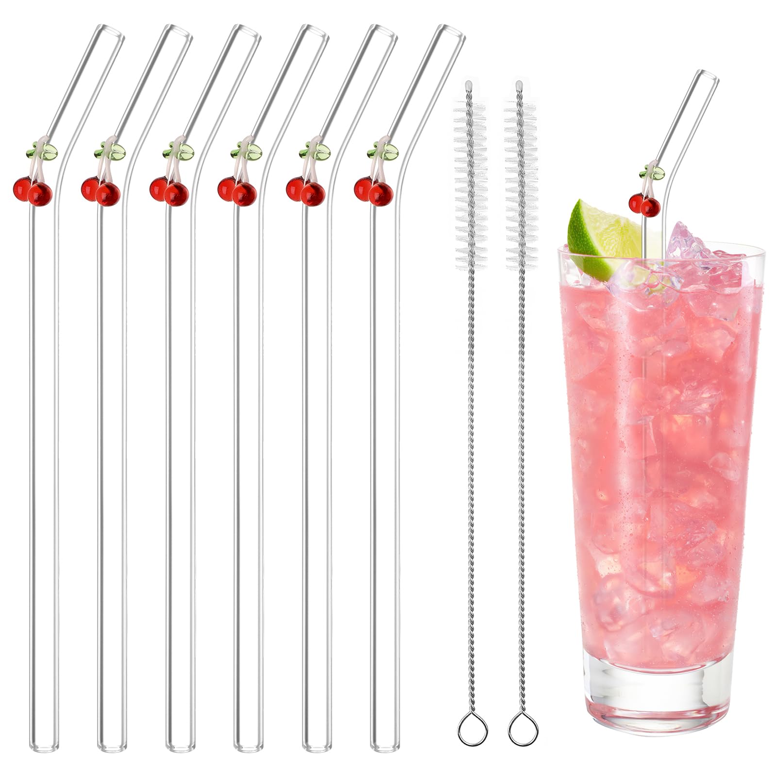 Glass Straws, Reusable 6pcs Bent Drinking Straws With 2 Cleaning Brushes - Clear for Smoothie, Milk, Coffee, Cocktail, Water, Juice
