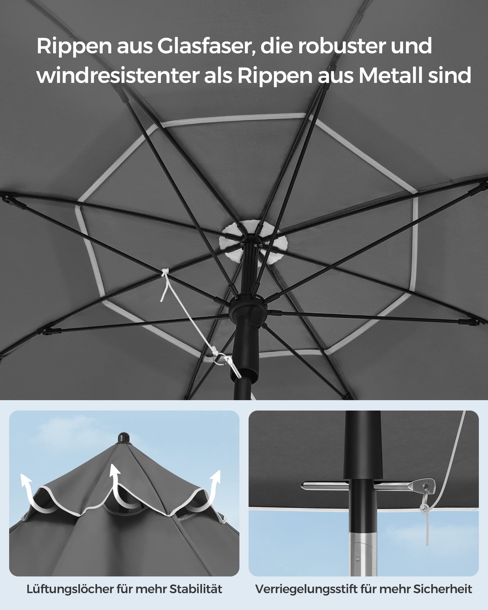 SONGMICS Sonnenschirm 160 cm, Sonnenschutz, UPF 50+, Strandschirm, beidseitig um 30° knickbar, höhenverstellbar, mit Tragetasche, für Balkon, Garten, Terrasse, Strand, ohne Ständer, grau GPU060G01 6