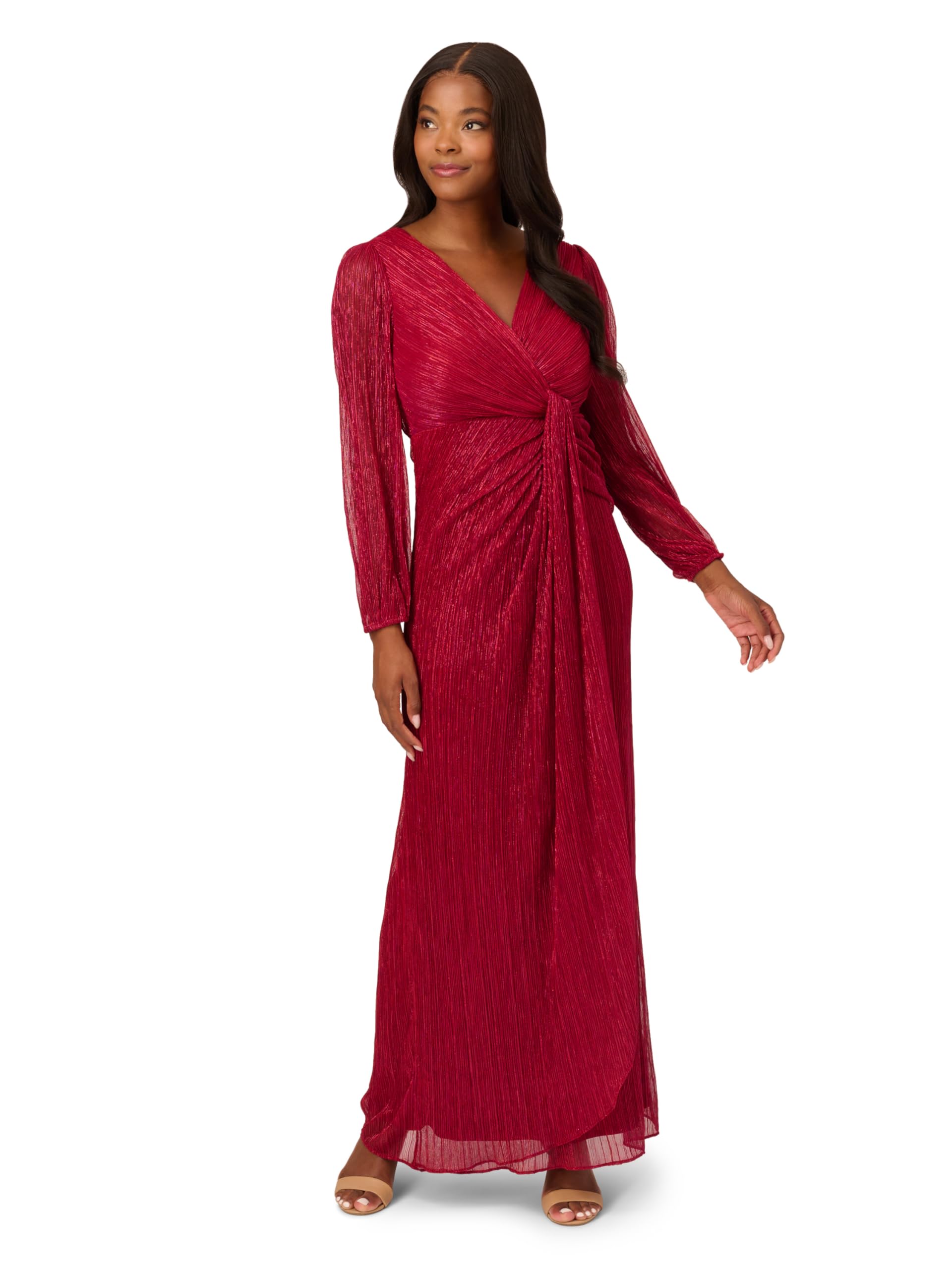 Adrianna Papell Women’s Metallic Mesh Draped Gown, Scarlet