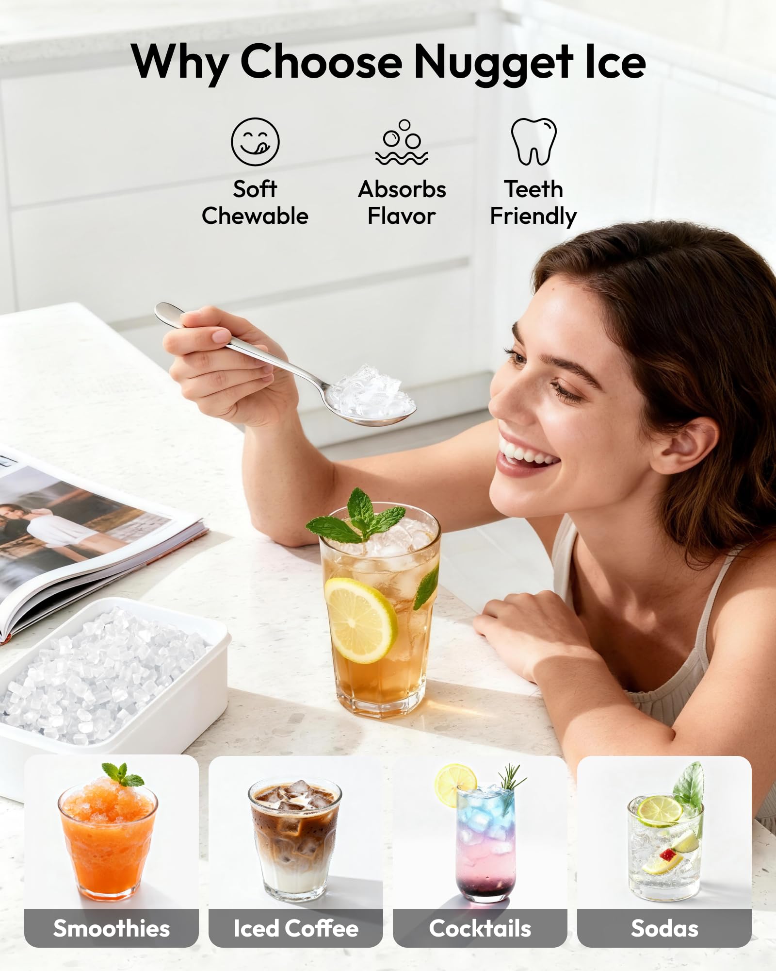 EUHOMY Nugget Ice Maker Countertop with Handle, Ready in 6 Mins, 34lbs Per Day, Removable Top Cover, Auto-Cleaning, Portable Sonic Ice Maker with Basket and Scoop, for Home/Party/RV/Camping (Black)