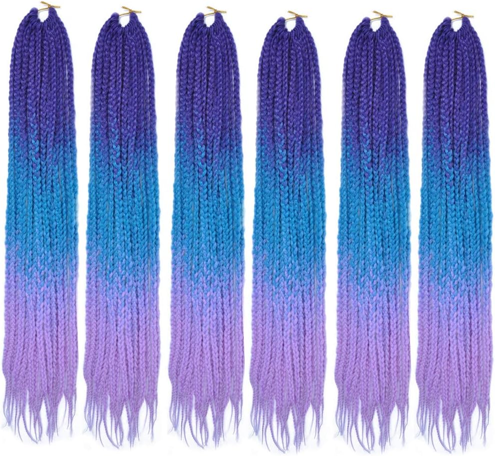24" Box Braids 22Strands Senegalese Twist Braids Crochet Hair Extensions Ombre Colors 3S Crochet Braiding Hair 6packs (3S Box braids & Purple Lake Blue Light Purple)