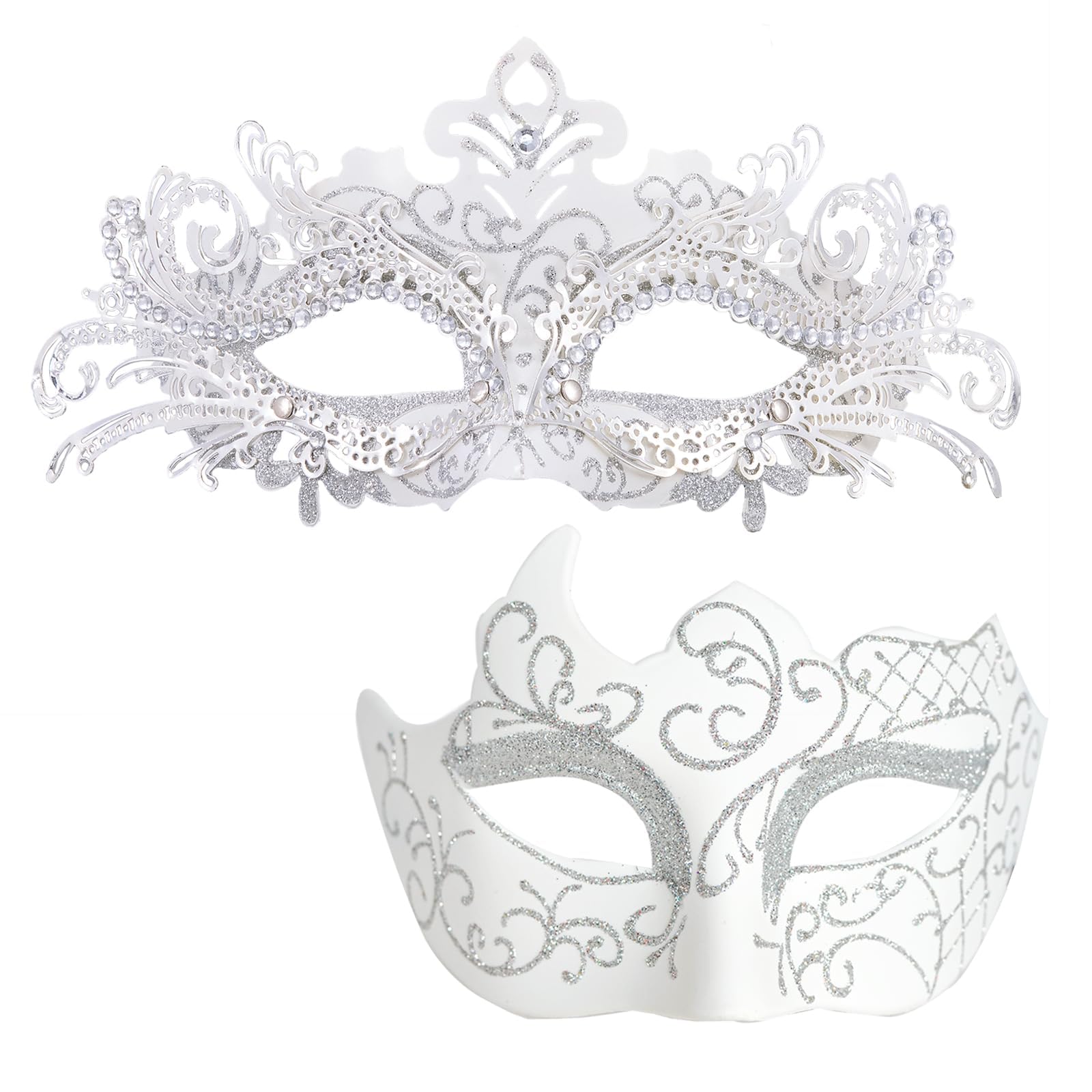 MYSEUNI White Masquerade Mask for Couples - Shiny Rhinestone Filigree Metal Venetian Mask & Mens Vintage Venetian Mask for Wedding Evening Prom Mardi Gras Masquerade Ball, White, One size fits most — image 1