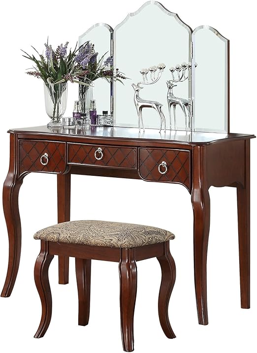 Amazon Com Bobkona Pdex Vanity Table With Stool Set Cherry Furniture Decor