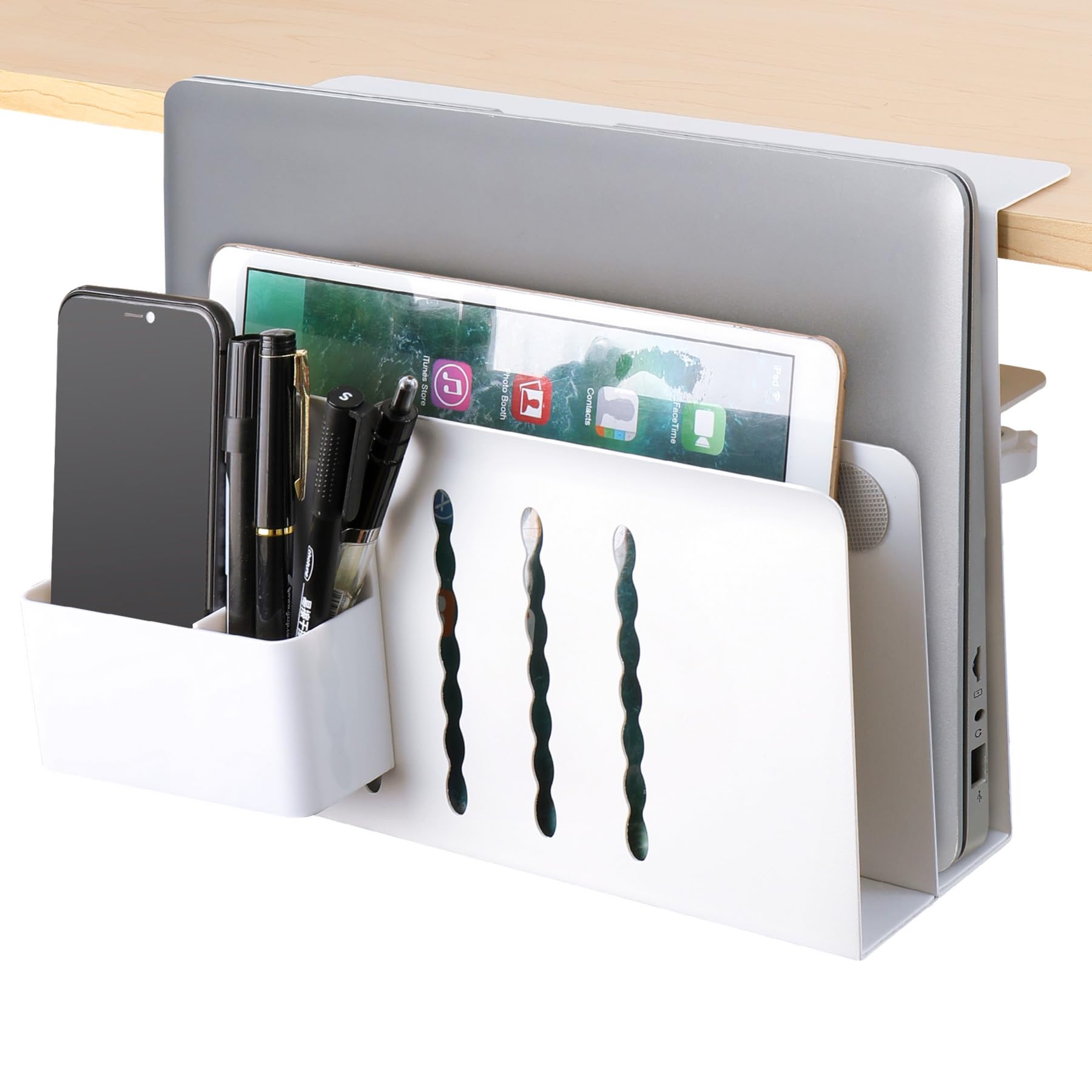 Photo 1 of Henitol 2 TIER Desk Side Storage Upgraded Under Desk Organizer, No Drill Hanging Laptop Holder Under Desk, Clamp-On Table Side Tray Steel Desktop Organization for Office and Home (White)