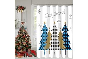 YOSTEV Christmas Shower Curtain, Navy Blue Buffalo Plaid Christmas Tree Shower Curtains for Bathroom Decor, Winter Snowy Forest Holiday Shower Curtain, Xmas Pine Fabric Cloth Bath Curtain, 72 x 72