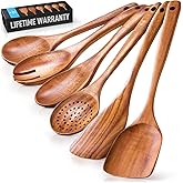 Zulay Kitchen 6-Piece Wooden Spoons for Cooking - Smooth Finish Teak Wood Utensils - Soft Comfort-Grip Cooking Wood Spoons Non-Stick Teak Easy to Clean Utensils Heat Resistant Non-Scratch Spoon Sets