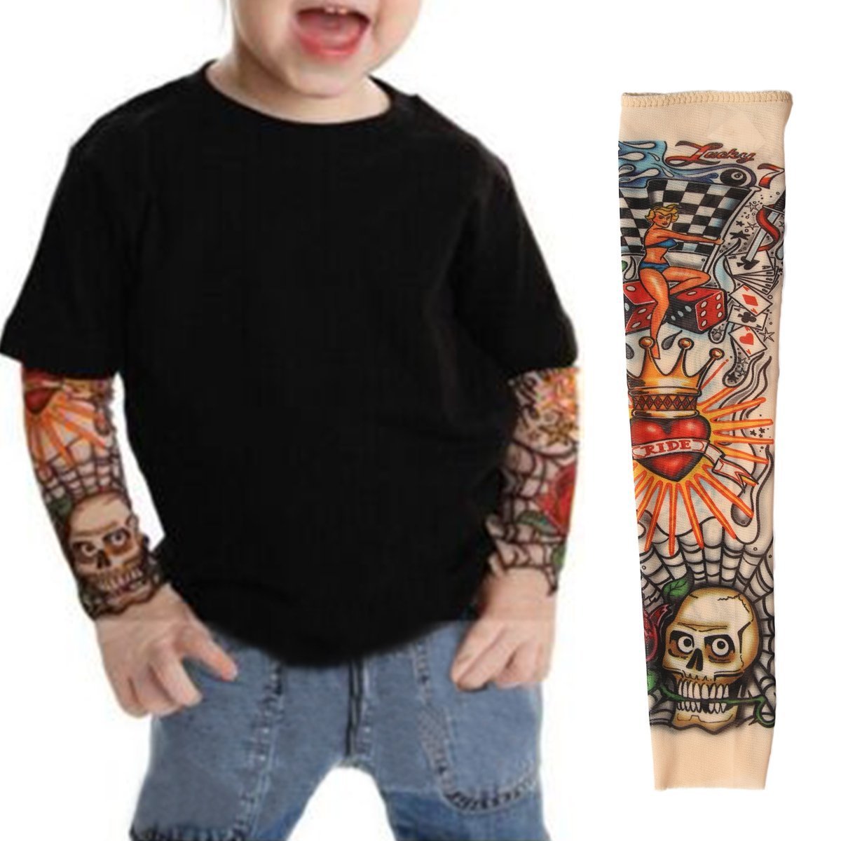 EZI 2 Pcs Fake Nylon Kid Temporary Fake Tattoo Sleeves Arm Stockings Goth Punk Cool Child # 7600522
