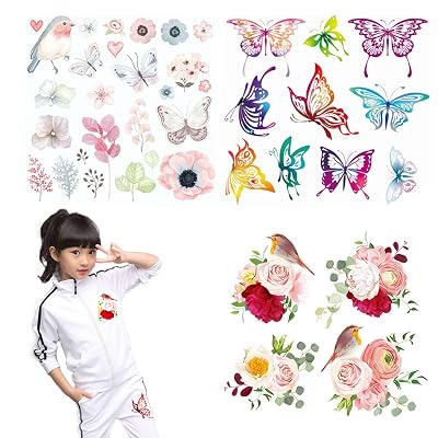 Iron on Patches for Kids 3 Sheets Various Butterfly Birds Rose Appliques with Girls Boys Baby Heat Transfer Stickers Decal Design for T-Shirt,