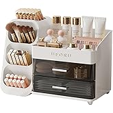 UFORU Makeup Organizer for Vanity with Brush Holder, Countertop Skincare Organizer with 2 Drawers, Spacious Cosmetic Display Case for Perfumes, Eyeshadow Palettes, Nail Polishes