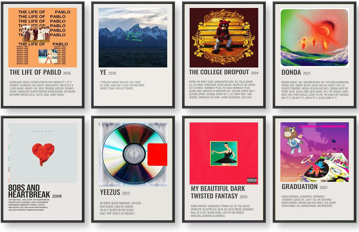 Wall Décor - Kanye Album Cover Limited Edition Posters, Music Posters (Set of 8, 8in x 10in, Unframed)