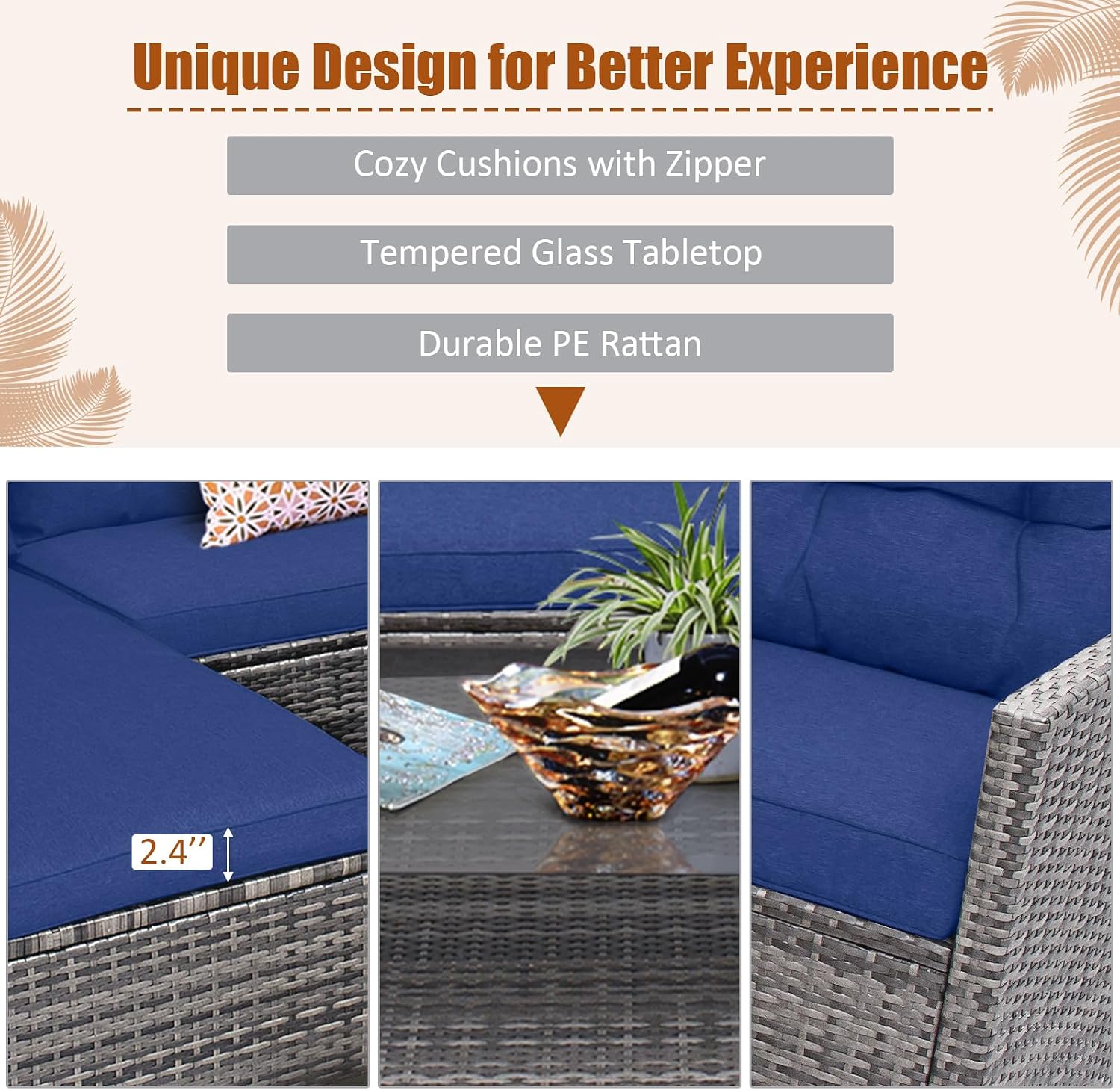 Product dimension diagram for the DORTALA 4 Piece Wicker Patio Conversation Set, showing measurements and weight capacities for the single sofa, loveseat, lounge sofa, and coffee table.