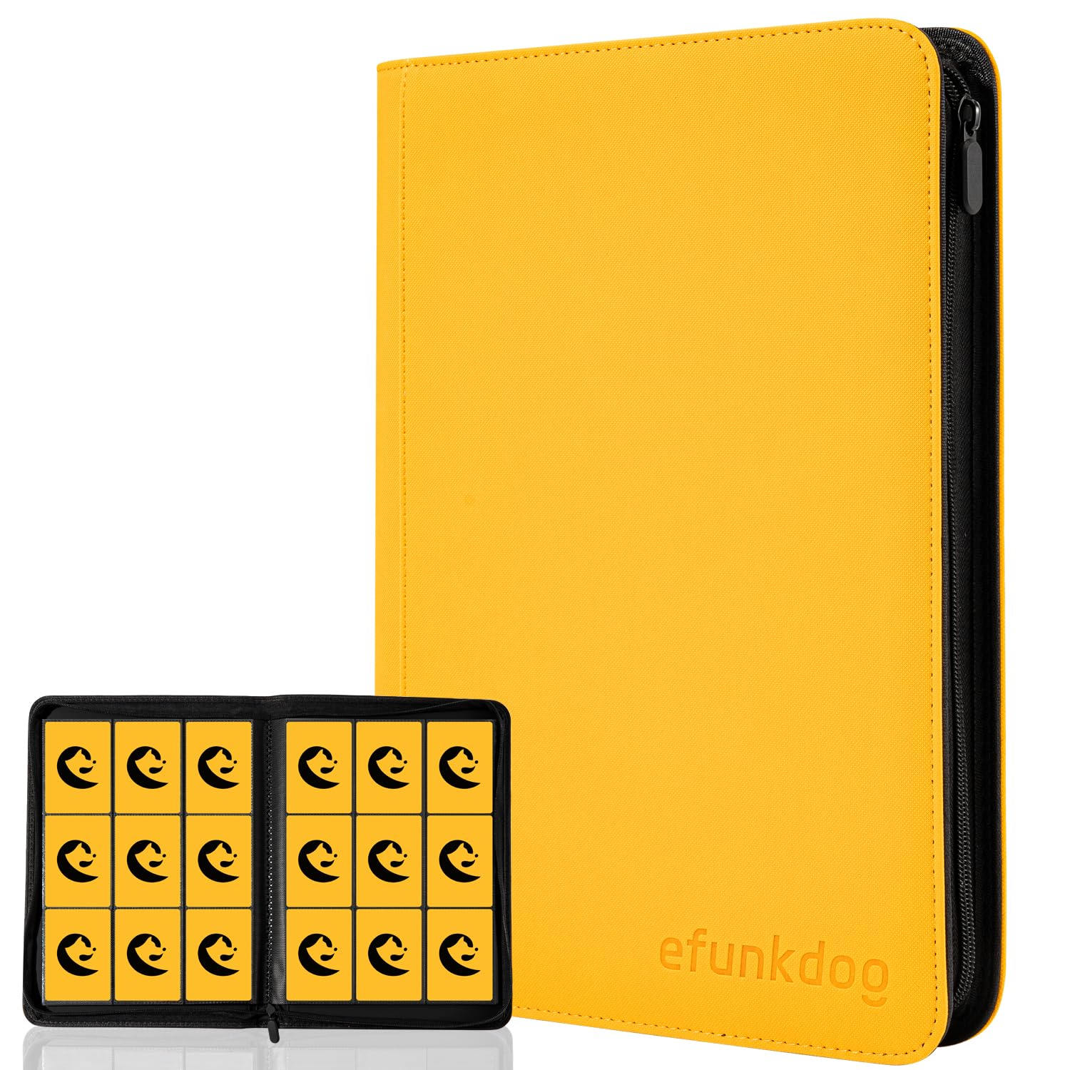 efunkdog Trading Card Binder, 9 Pockets Card Album Folder, 360 Side Loading Pocket PU Cover with Zipper Binder for TCG, Sport Cards (Yellow)