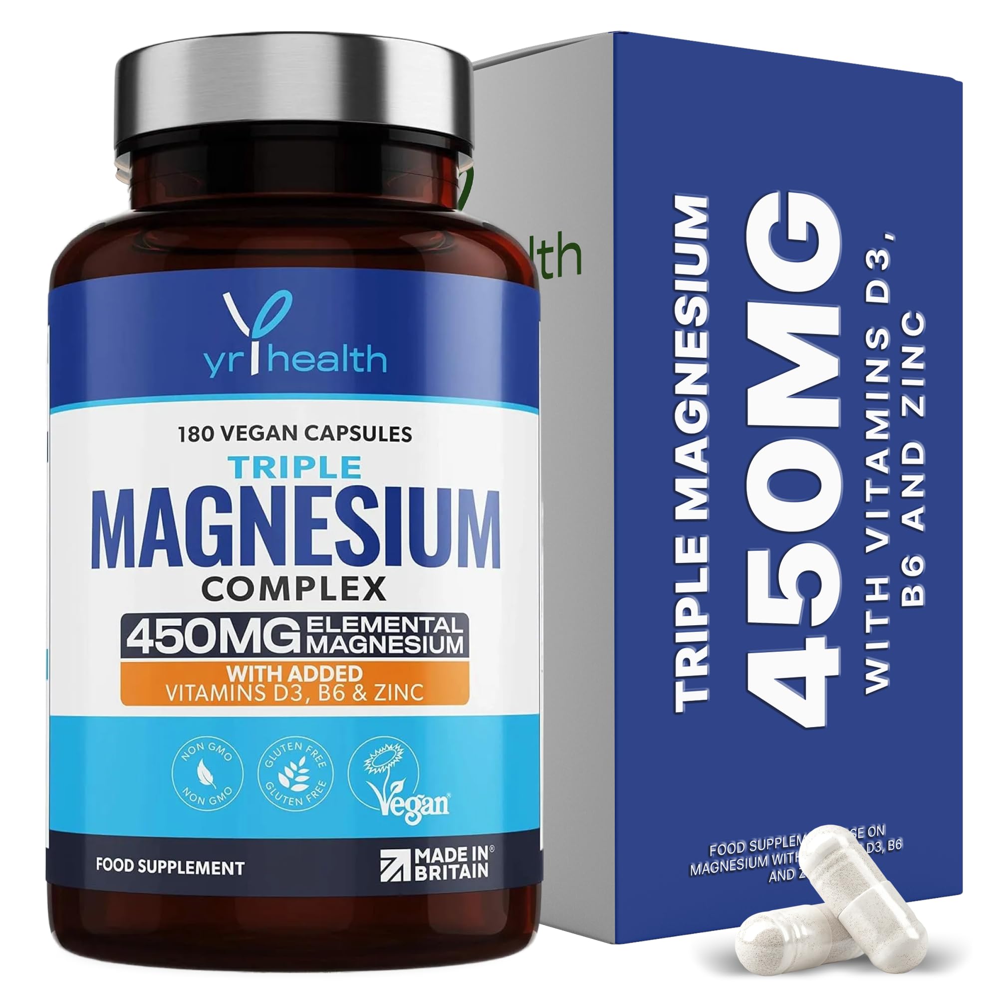 Vegan Magnesium Supplements with Zinc, 180 Capsules, Triple Magnesium Complex Supplement Plus Vitamin D, B6 & Copper, Vegan Society Registered, Made in The UK by YrHealth