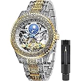 FANMIS Mens Luxury Engraving Wrist Watches Unique Tattoo Pattern Carved Stainless Steel Band Luminous Automatic Skeleton Watch