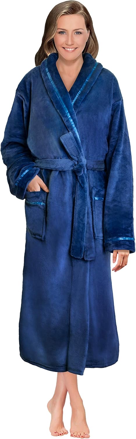 Premium Women Fleece Robe with Satin Trim | Luxurious Super Soft Plush Bathrobe