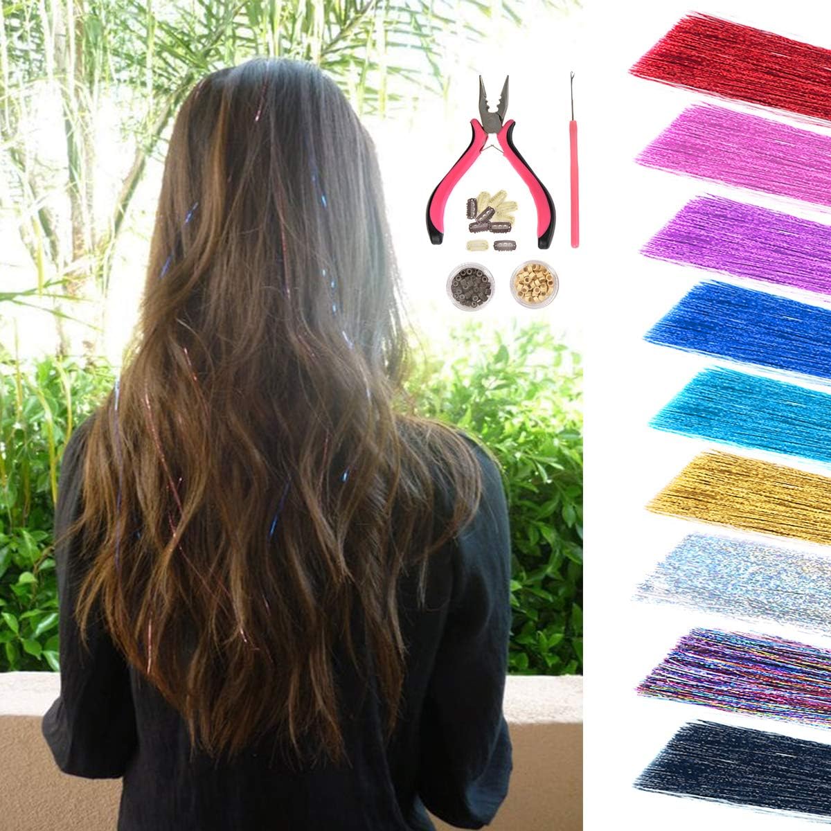 Hair Tinsel Strands Kit, Glitter Tinsel Fairy Hair Extensions with