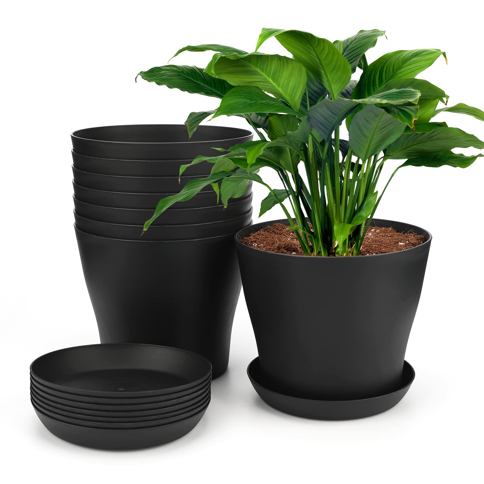 KINGLAKE 8Pcs 17cm Black Plant Pots Plastic Large Flower Pots with Pallet/Trays for Indoor Outdoor Office House Desk