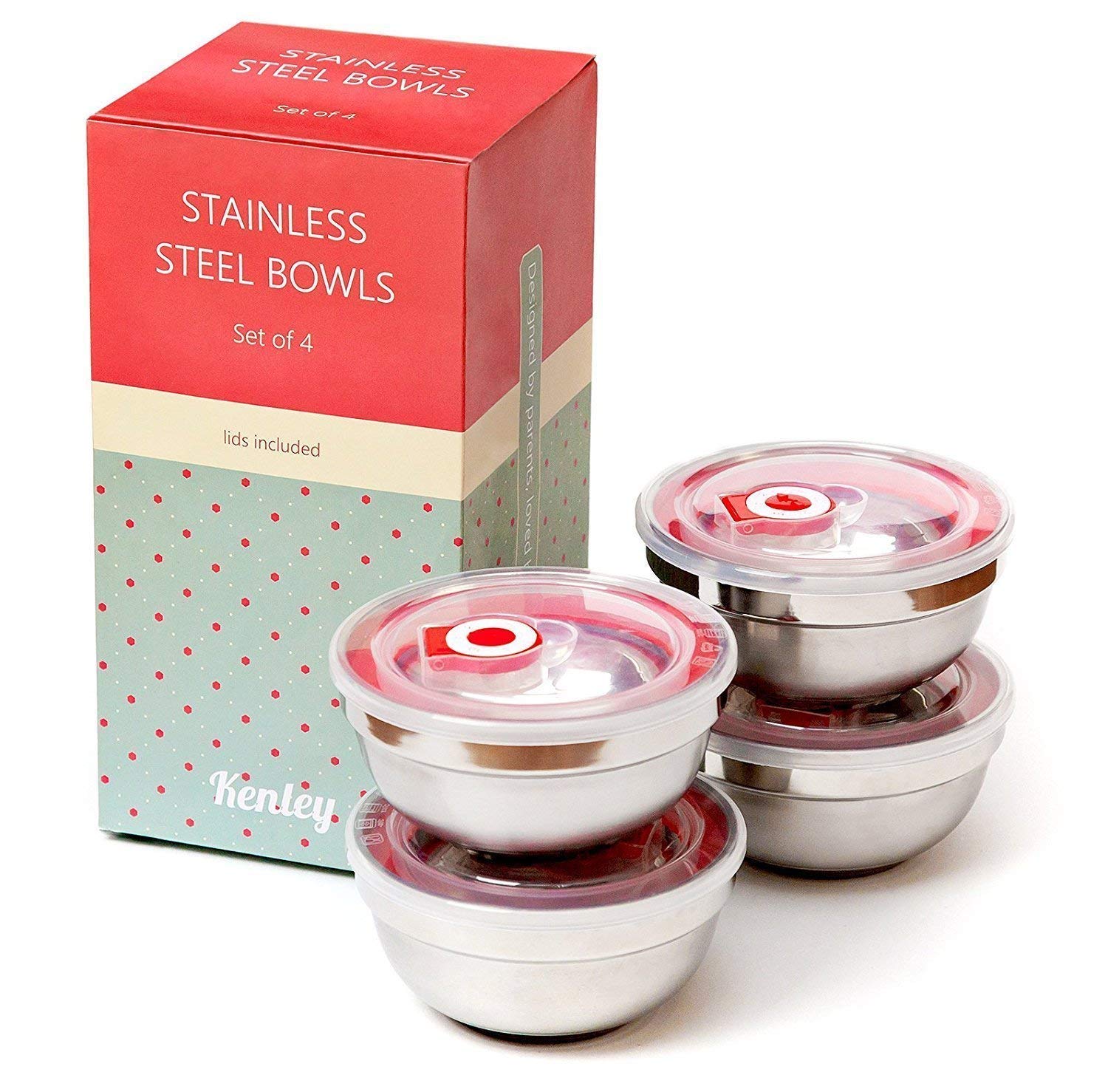 Kenley Stainless Steel Bowls for Kids & Toddlers - Phthalate & BPA Free - Set of 4 Baby Feeding Bowl Plates Dishes for Snack, Cereal, Soup, Rice - Food Storage Containers 13 oz with Spill Proof Lids