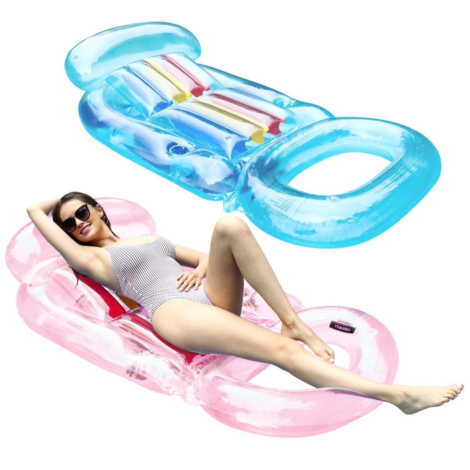 FindUWill Inflatable Pool Lounge, 2 Pack Inflatable Pool Floats with Headrest, Backrest & Footrest, Pool Raft Swimming Pool Lounger with Cup Holder (DeepSkyBlue&LightPink)