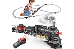 Hot Bee Train Set for Boys, Alloy Remote Control Train Toys w/Steam Locomotive, Cargo Cars & Tracks, Trains w/Realistic Smoke
